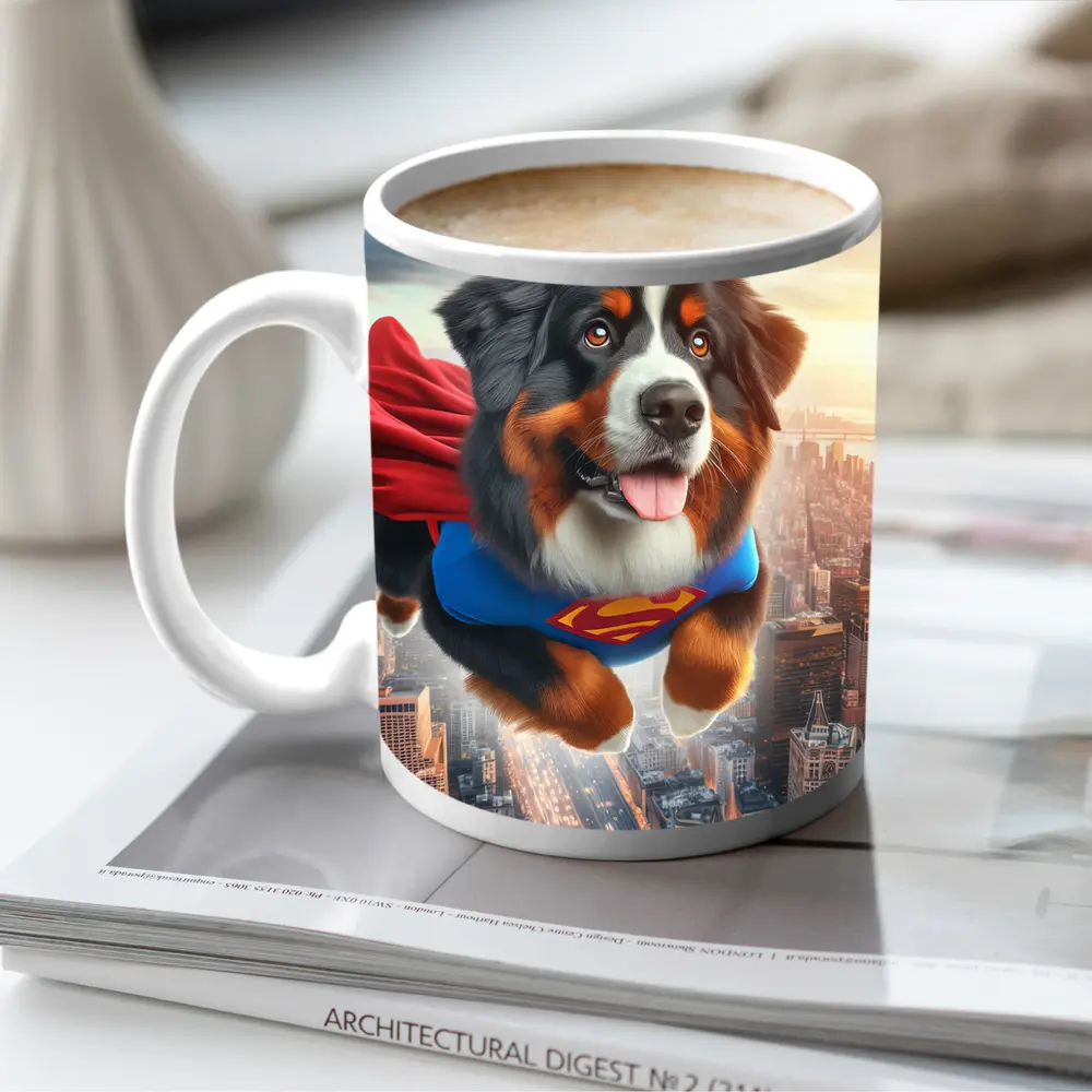 Bernese Mountain Dog Superhero Flying City – Mugs