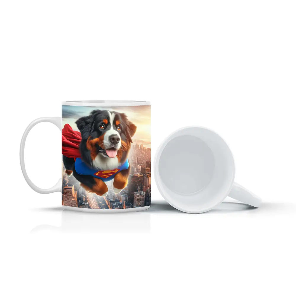 Bernese Mountain Dog Superhero Flying City – Mugs