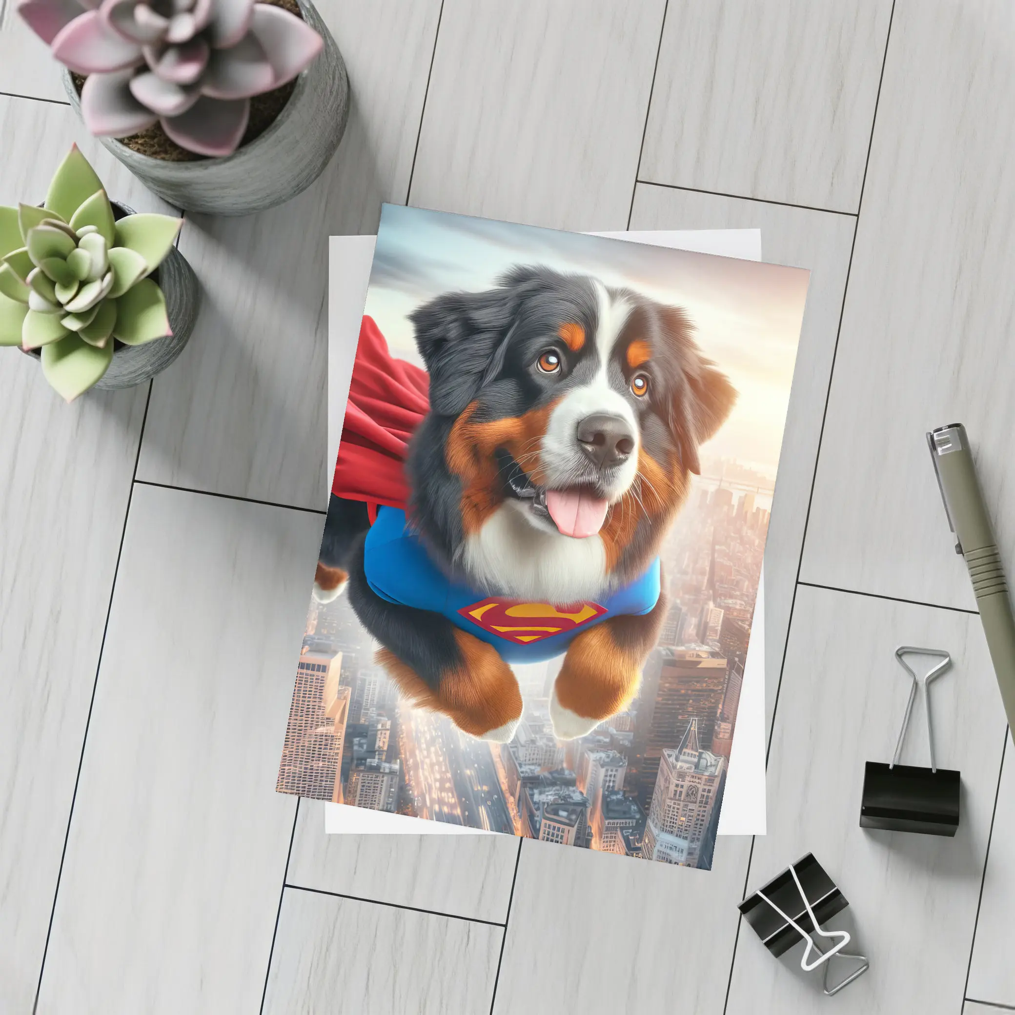 Bernese Mountain Dog Superhero Flying City – Postcards