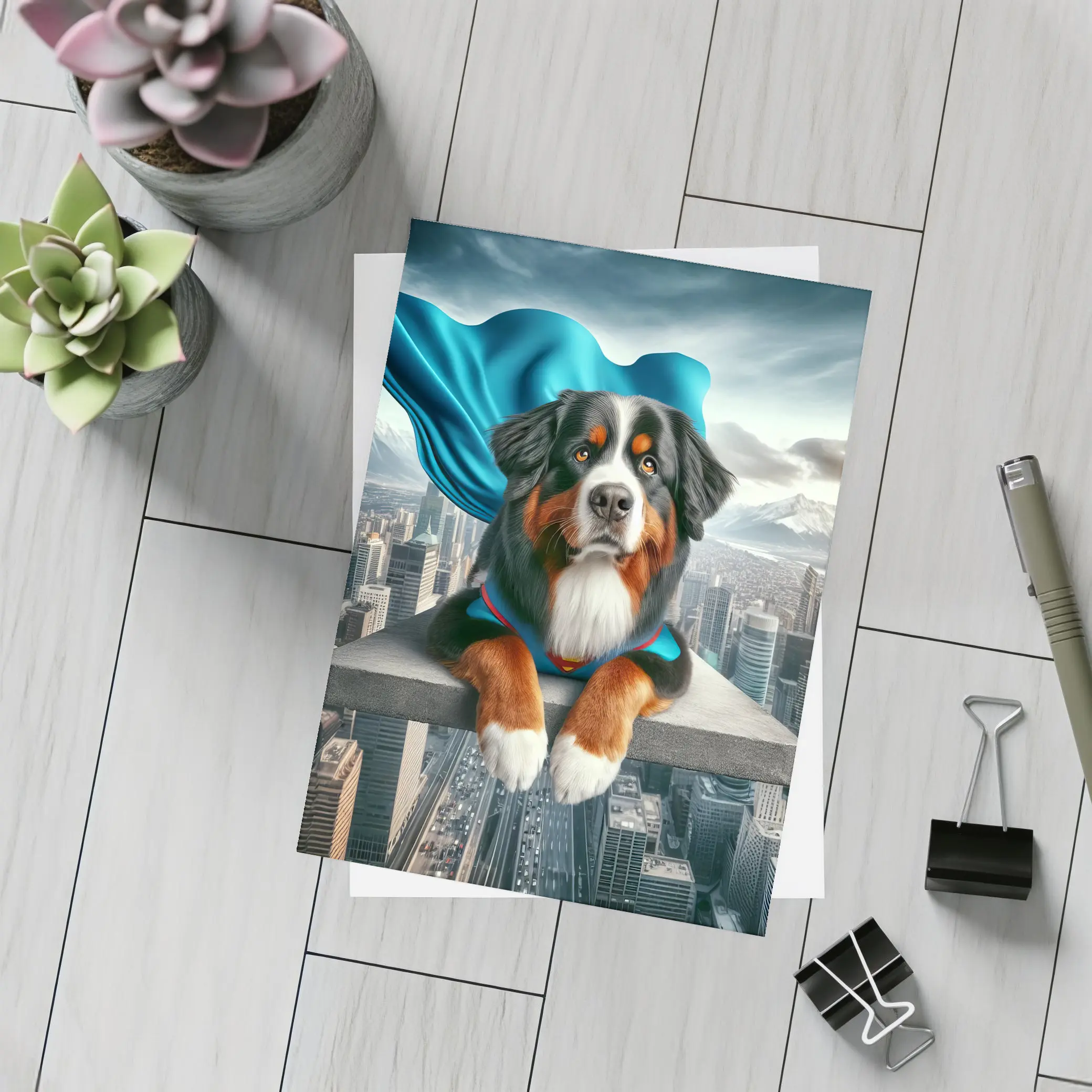 Bernese Mountain Dog Superhero City Skyline – Postcards