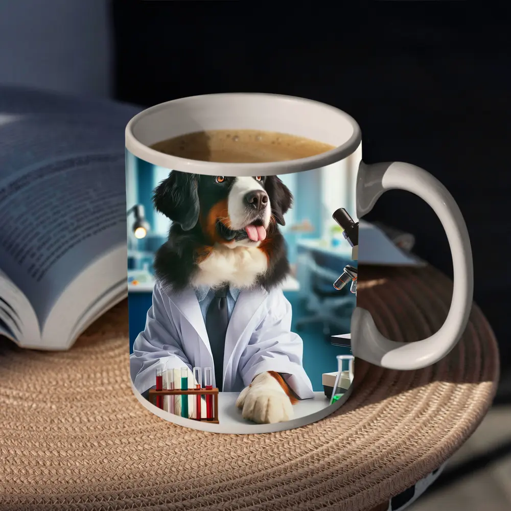 Bernese Mountain Dog Scientist Laboratory Portrait – Mugs