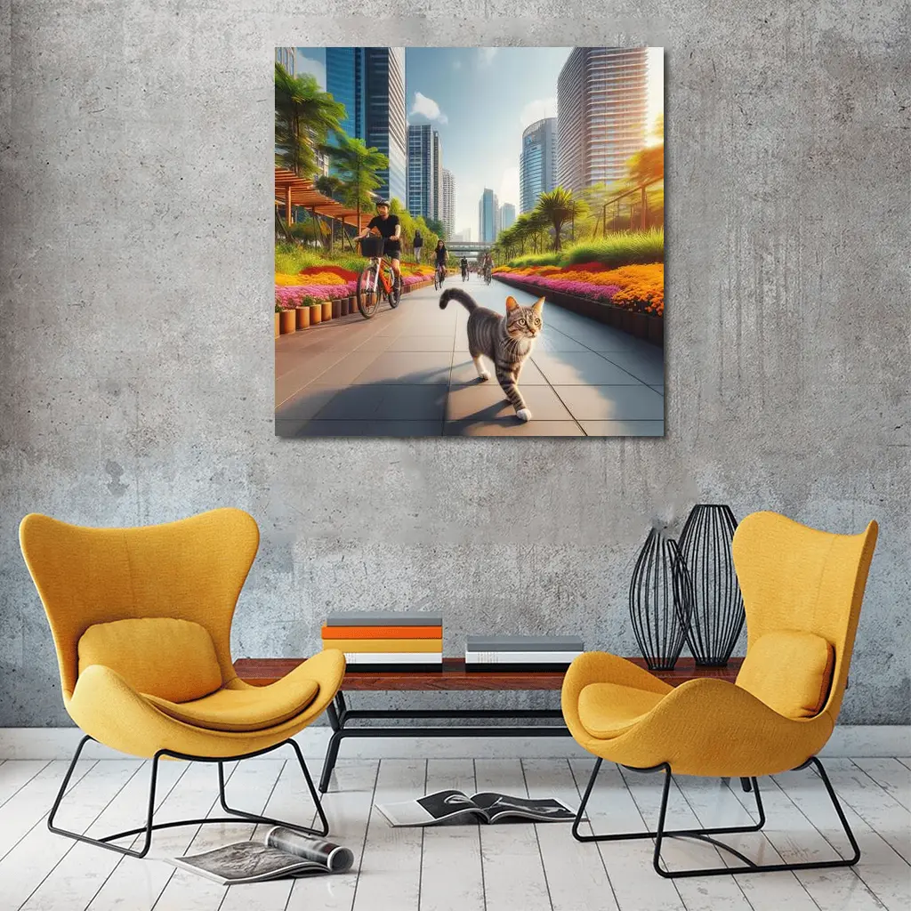 Tabby Cat City Park Bicycle Path Scene – Wall Art