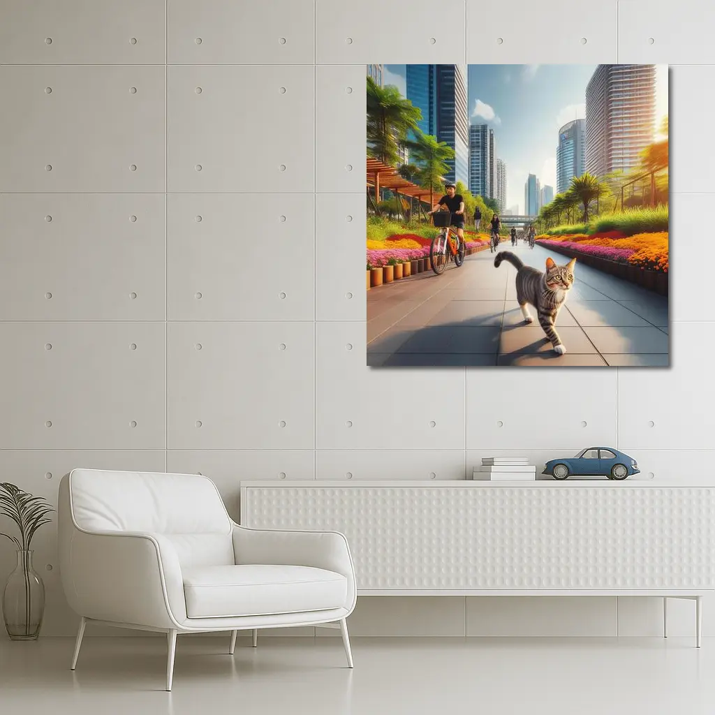Tabby Cat City Park Bicycle Path Scene – Wall Art