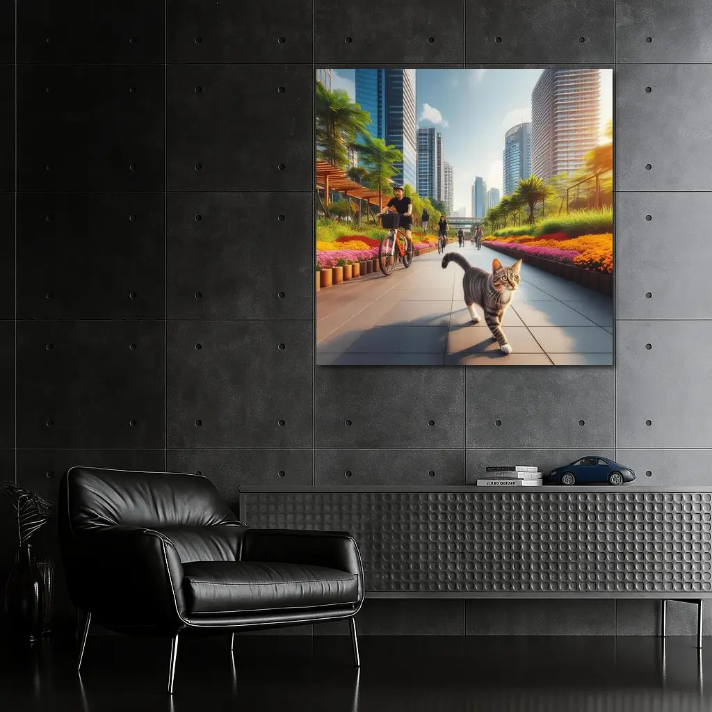 Tabby Cat City Park Bicycle Path Scene – Wall Art