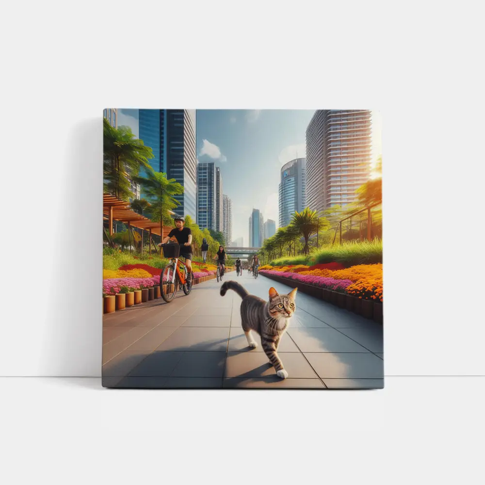 Tabby Cat City Park Bicycle Path Scene – Wall Art