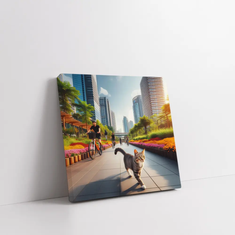 Tabby Cat City Park Bicycle Path Scene – Wall Art
