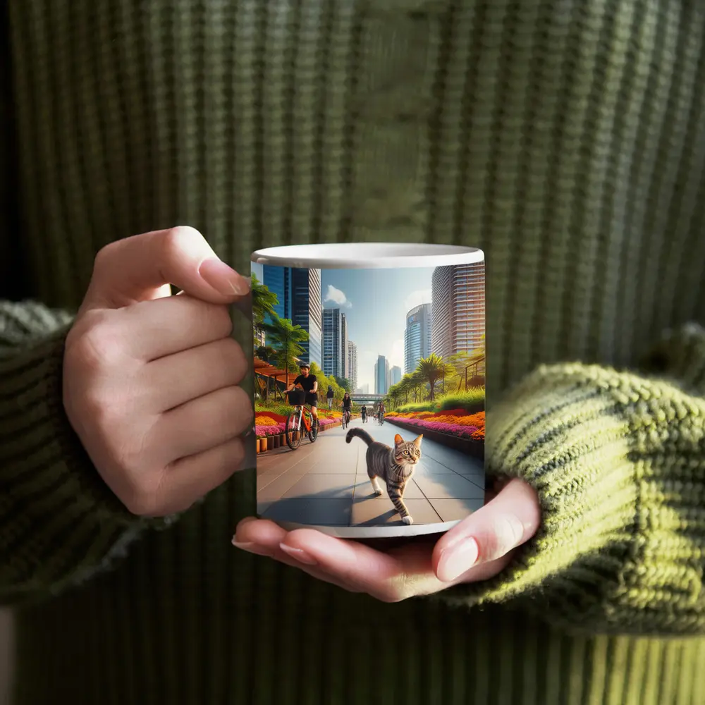 Tabby Cat City Park Bicycle Path Scene – Mugs