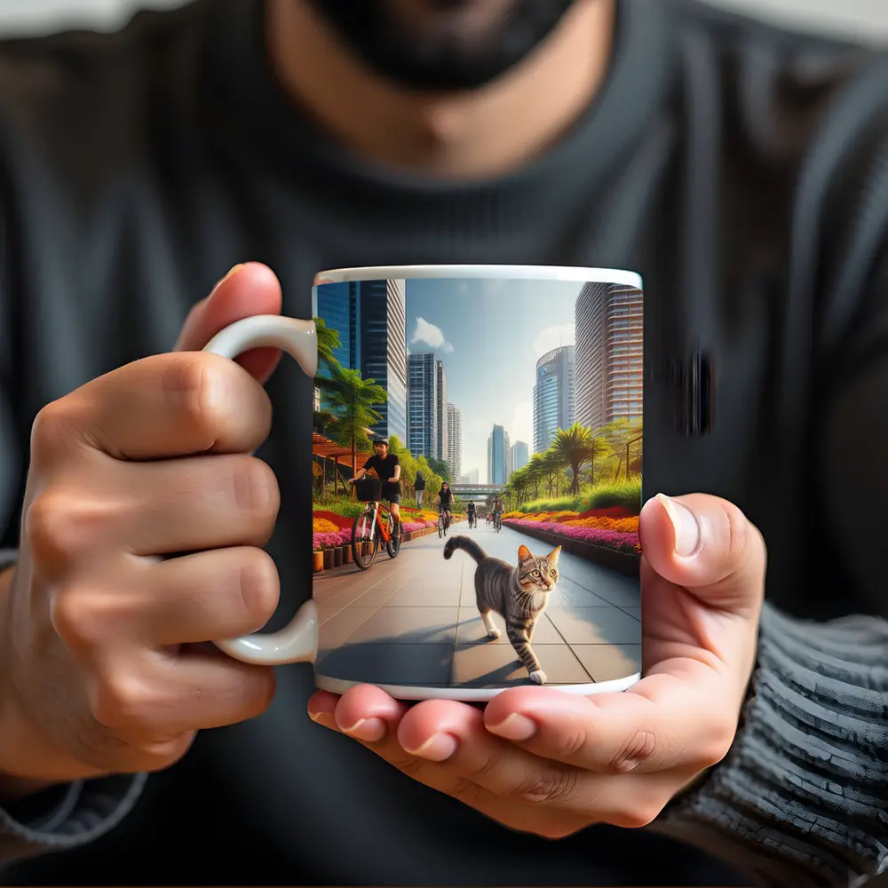 Tabby Cat City Park Bicycle Path Scene – Mugs