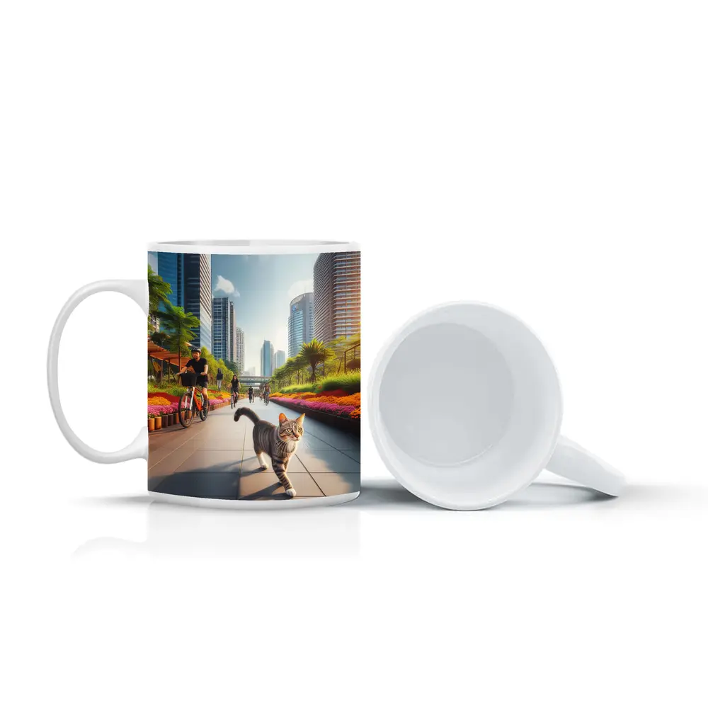 Tabby Cat City Park Bicycle Path Scene – Mugs