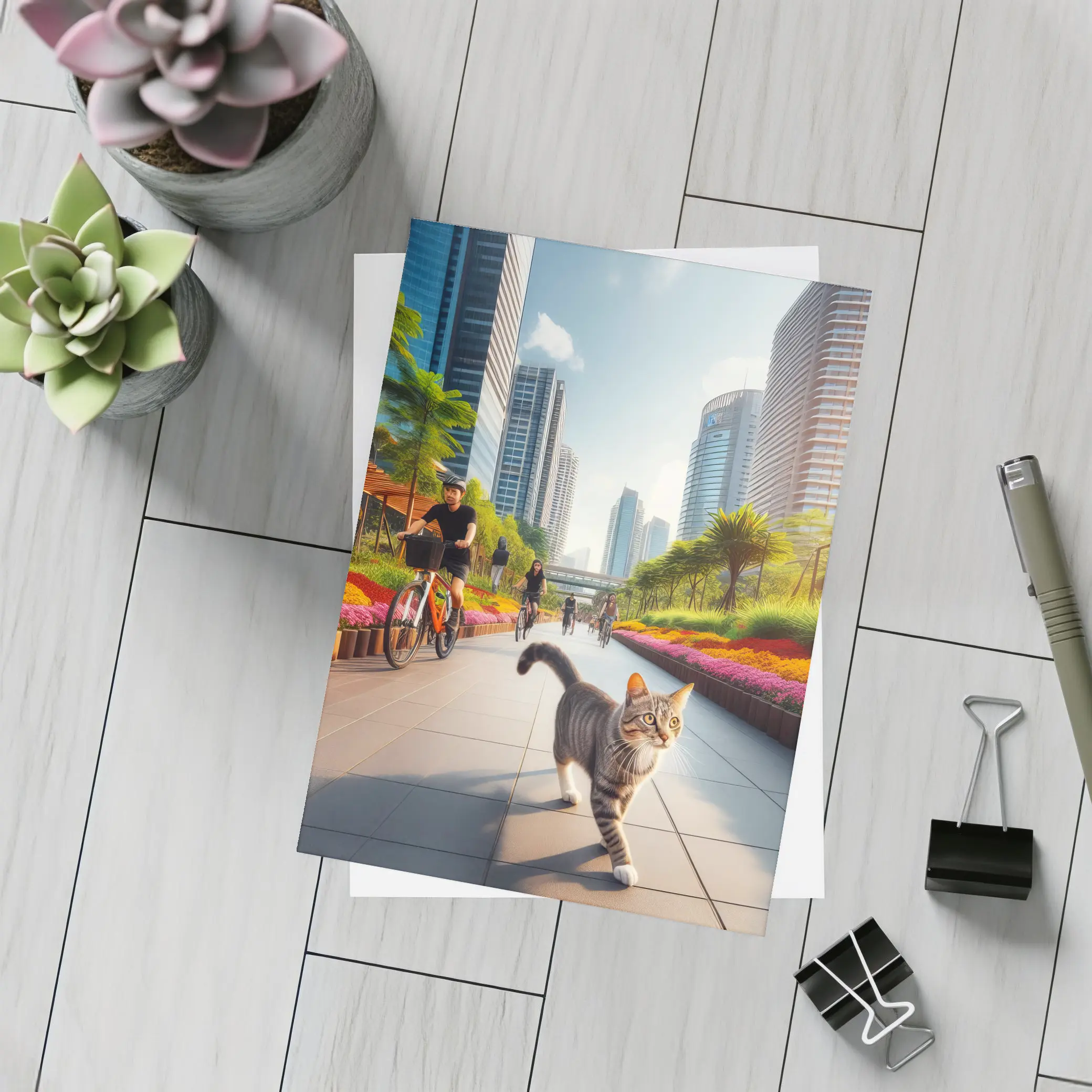 Tabby Cat City Park Bicycle Path Scene – Postcards