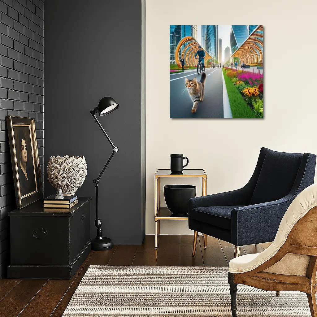 Tabby Cat Walking Urban City Bike Lane – Wall Art