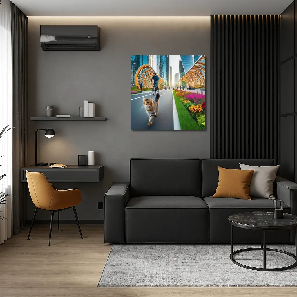 Tabby Cat Walking Urban City Bike Lane – Wall Art