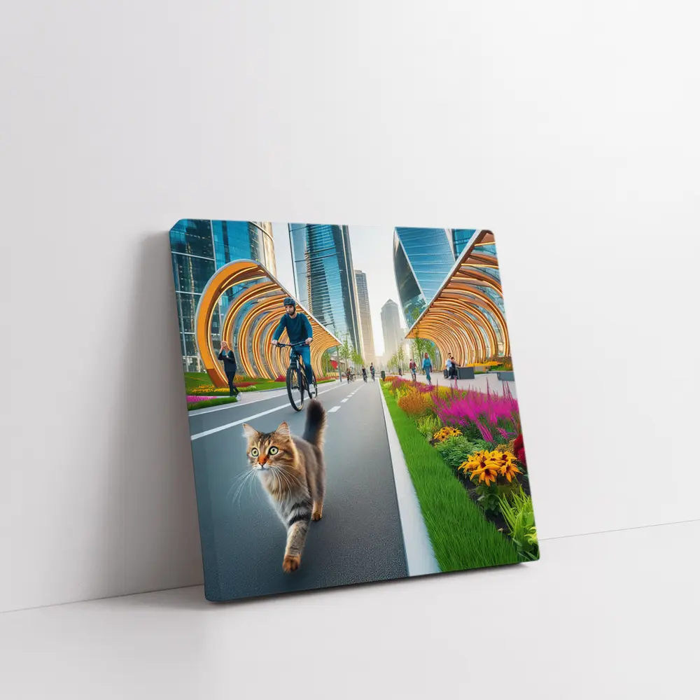 Tabby Cat Walking Urban City Bike Lane – Wall Art