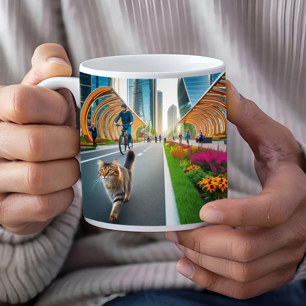 Tabby Cat Walking Urban City Bike Lane – Mugs