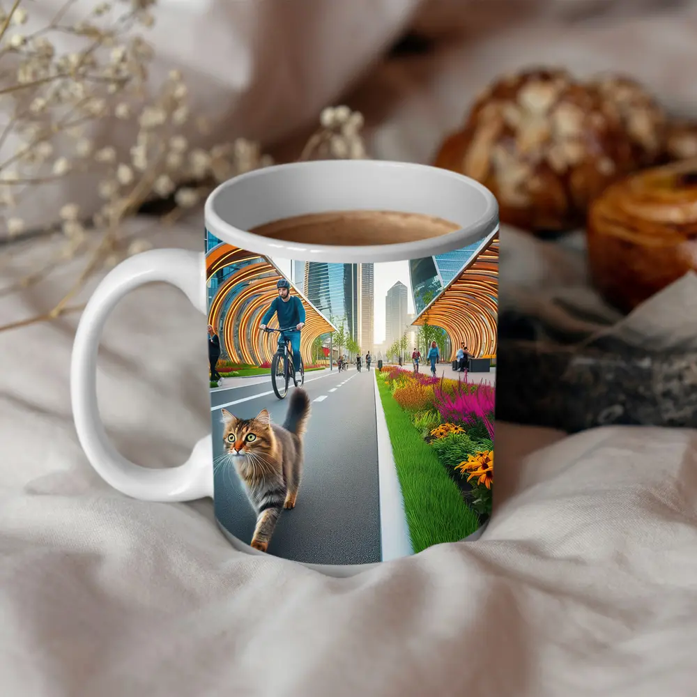Tabby Cat Walking Urban City Bike Lane – Mugs