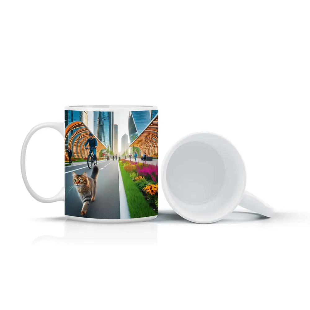 Tabby Cat Walking Urban City Bike Lane – Mugs