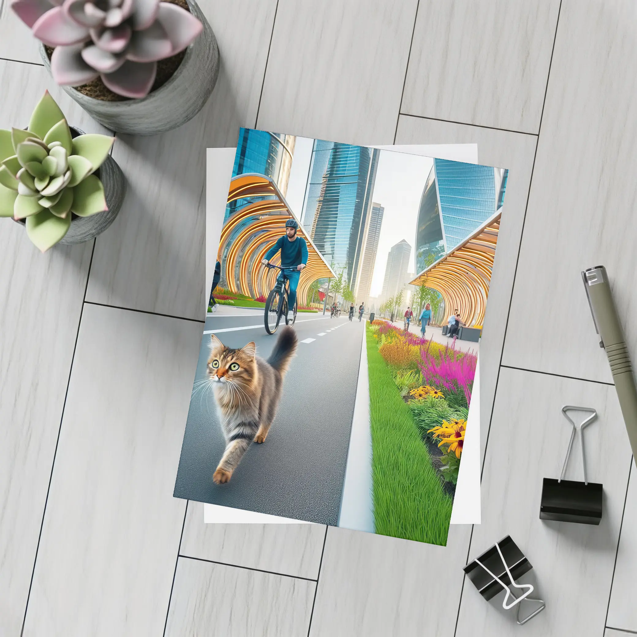 Tabby Cat Walking Urban City Bike Lane – Postcards