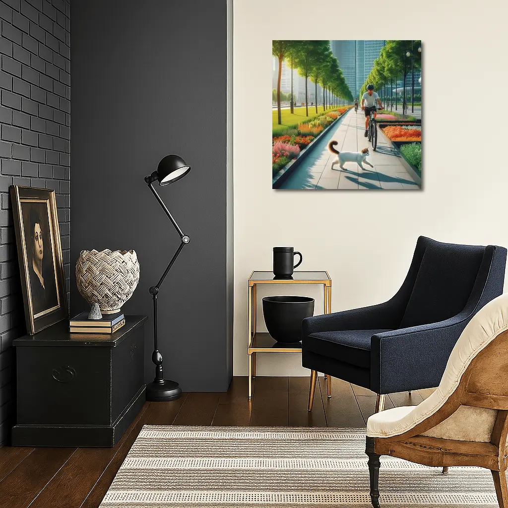 Cat and Cyclist on Urban Park Path – Wall Art