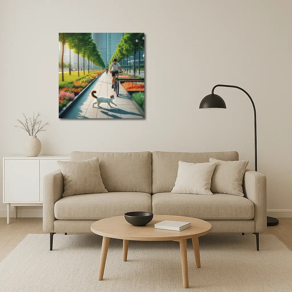 Cat and Cyclist on Urban Park Path – Wall Art