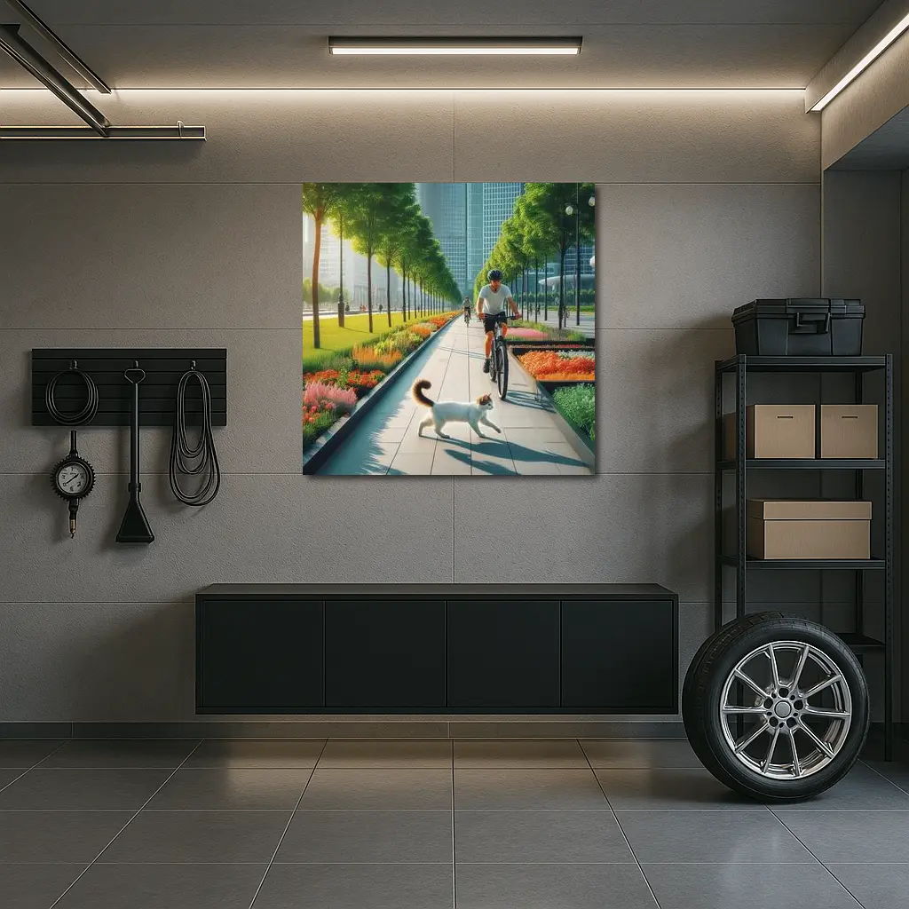 Cat and Cyclist on Urban Park Path – Wall Art