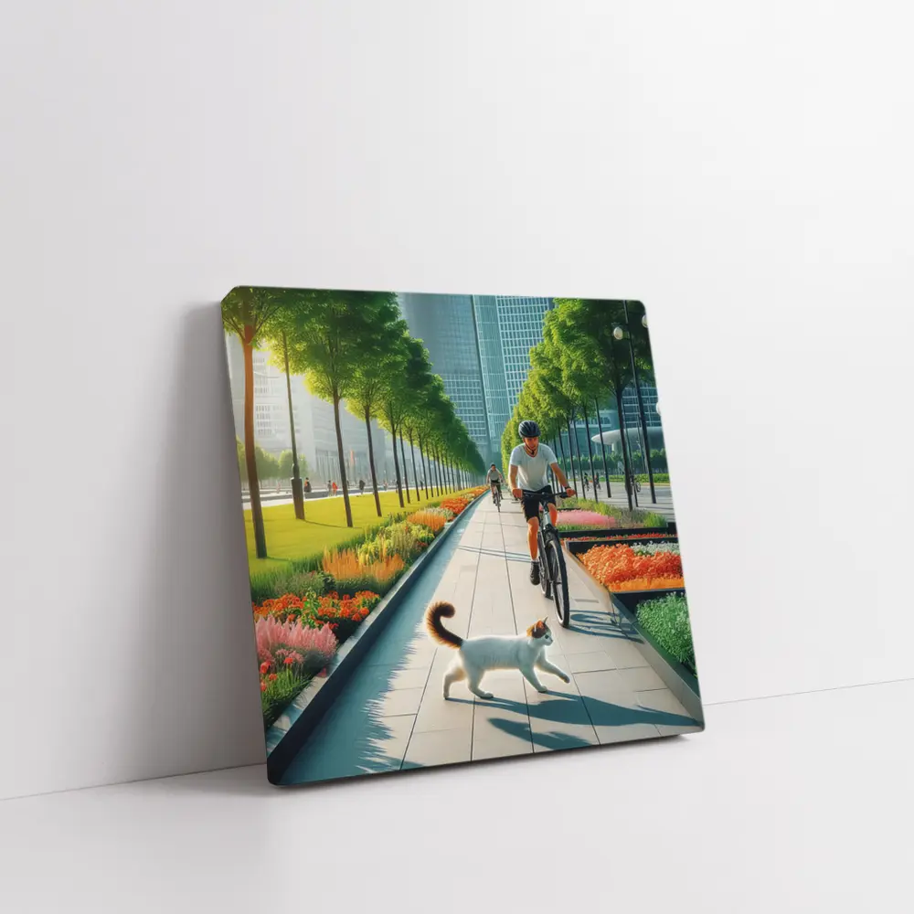 Cat and Cyclist on Urban Park Path – Wall Art