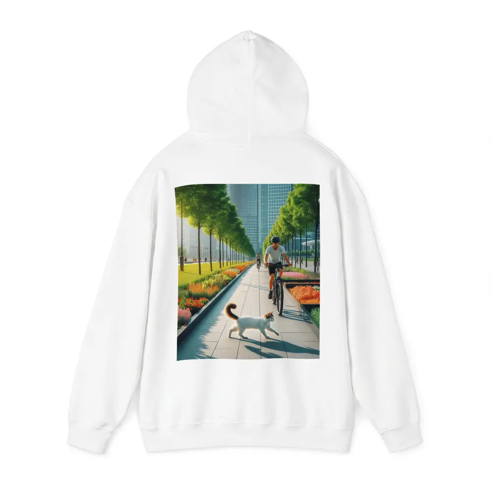 Cat and Cyclist on Urban Park Path – Hoodies