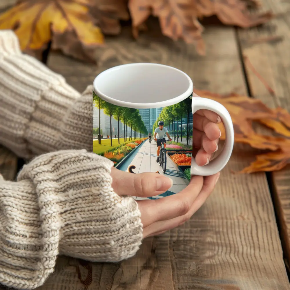 Cat and Cyclist on Urban Park Path – Mugs