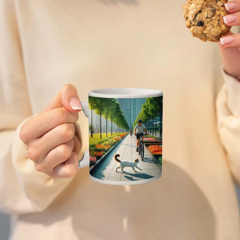 Cat and Cyclist on Urban Park Path – Mugs