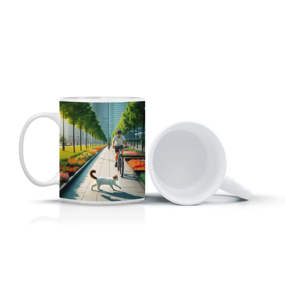 Cat and Cyclist on Urban Park Path – Mugs