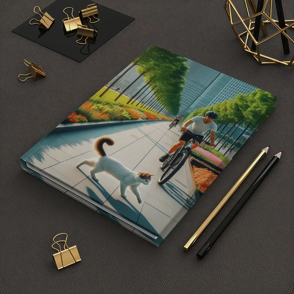 Cat and Cyclist on Urban Park Path – Notebooks