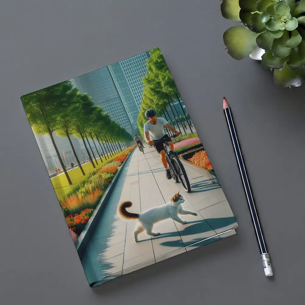 Cat and Cyclist on Urban Park Path – Notebooks