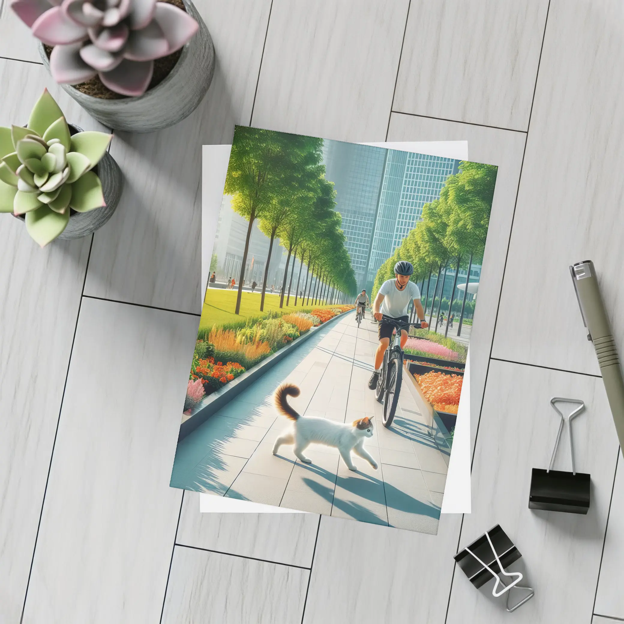 Cat and Cyclist on Urban Park Path – Postcards