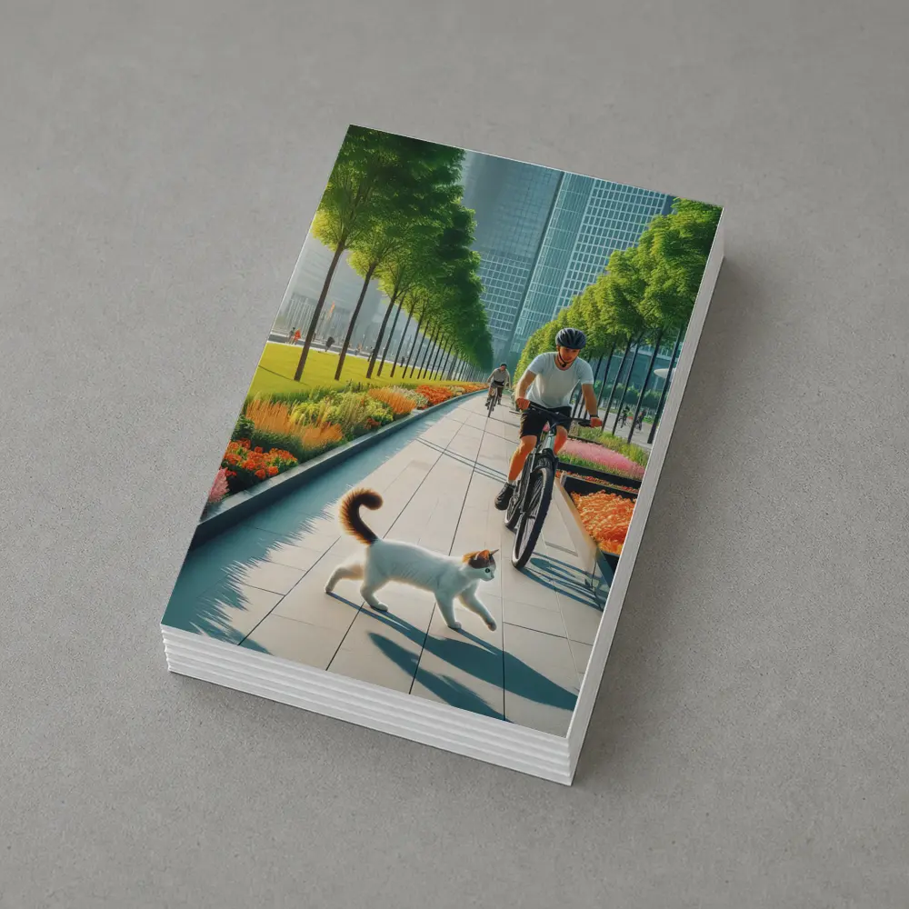 Cat and Cyclist on Urban Park Path – Postcards