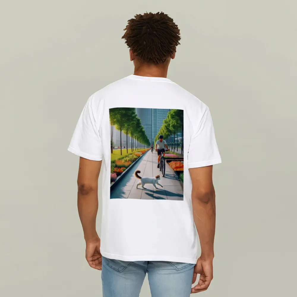 Cat and Cyclist on Urban Park Path – T-Shirts