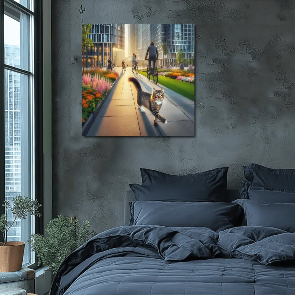 Tabby Cat Walking City Park Cyclists – Wall Art