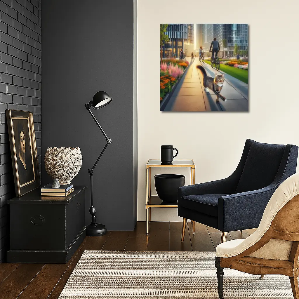Tabby Cat Walking City Park Cyclists – Wall Art