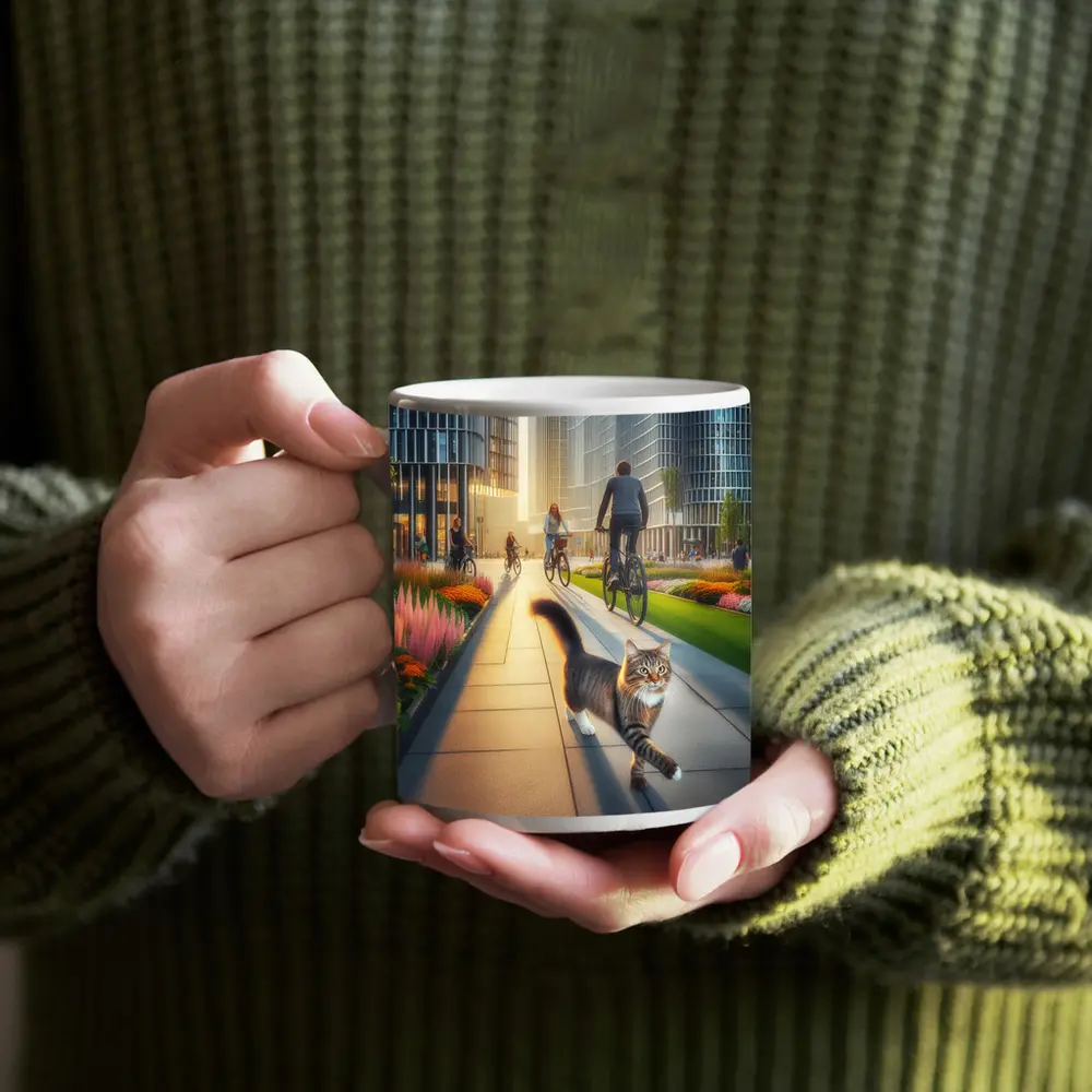 Tabby Cat Walking City Park Cyclists – Mugs