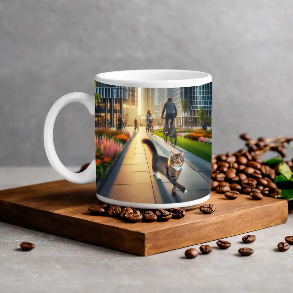Tabby Cat Walking City Park Cyclists – Mugs