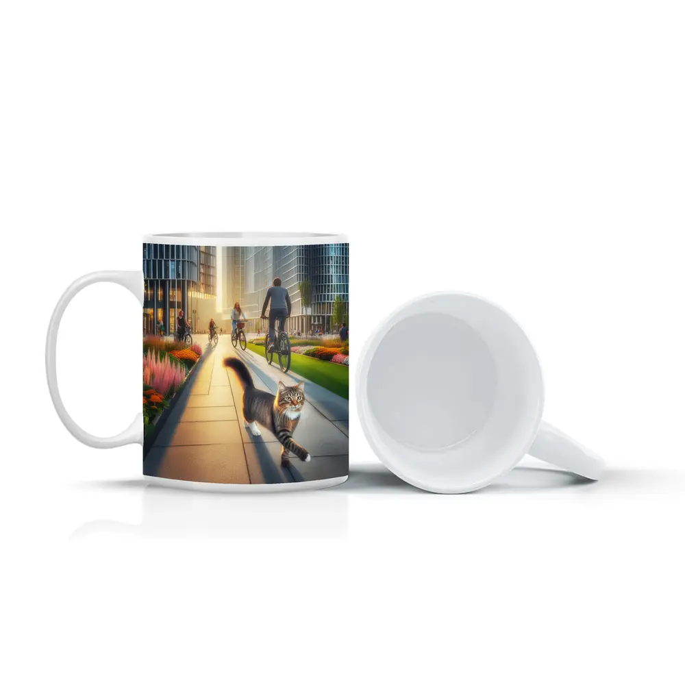 Tabby Cat Walking City Park Cyclists – Mugs