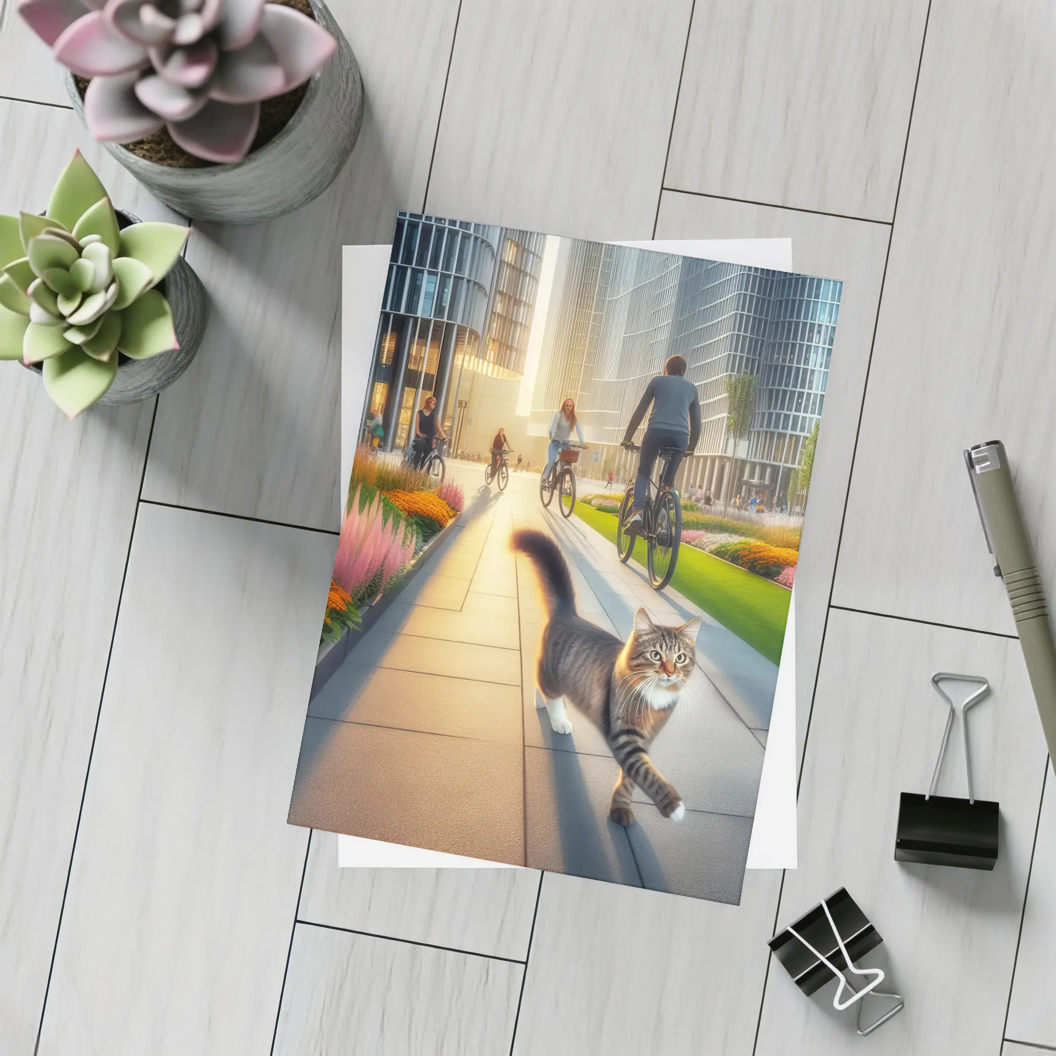 Tabby Cat Walking City Park Cyclists – Postcards