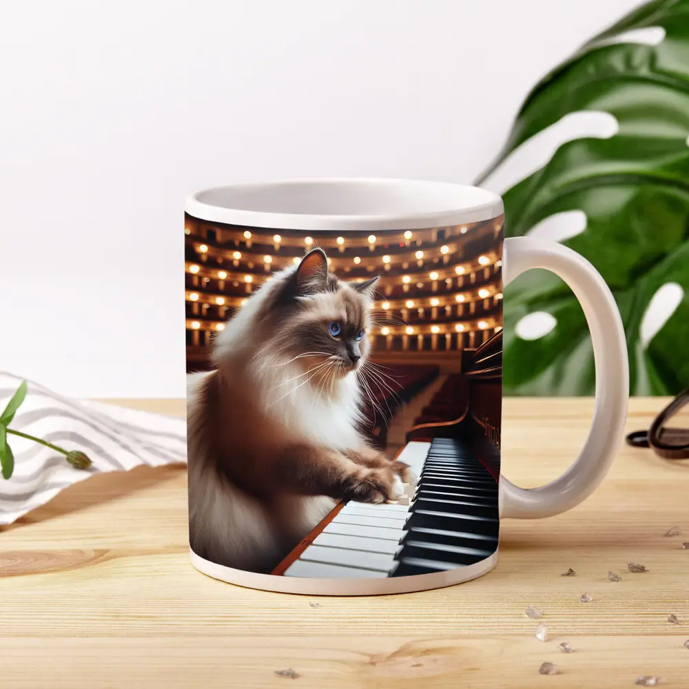 Ragdoll Cat Playing Piano Concert Hall – Mugs