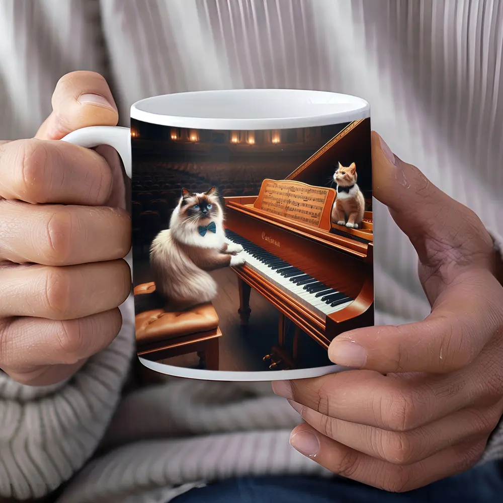 Ragdoll Cat Playing Grand Piano Concert Hall – Mugs