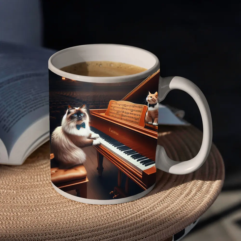 Ragdoll Cat Playing Grand Piano Concert Hall – Mugs