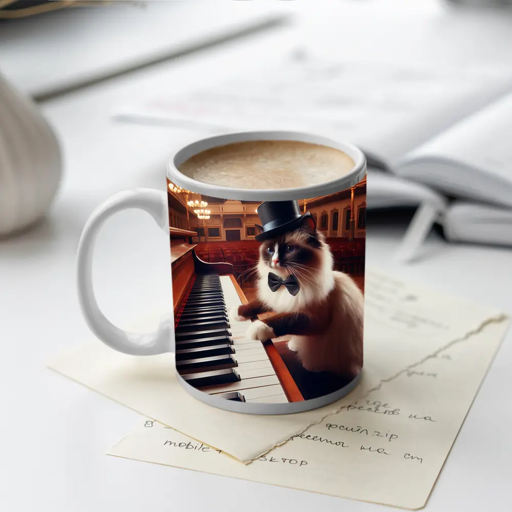 Ragdoll Cat Playing Piano Concert Hall – Mugs