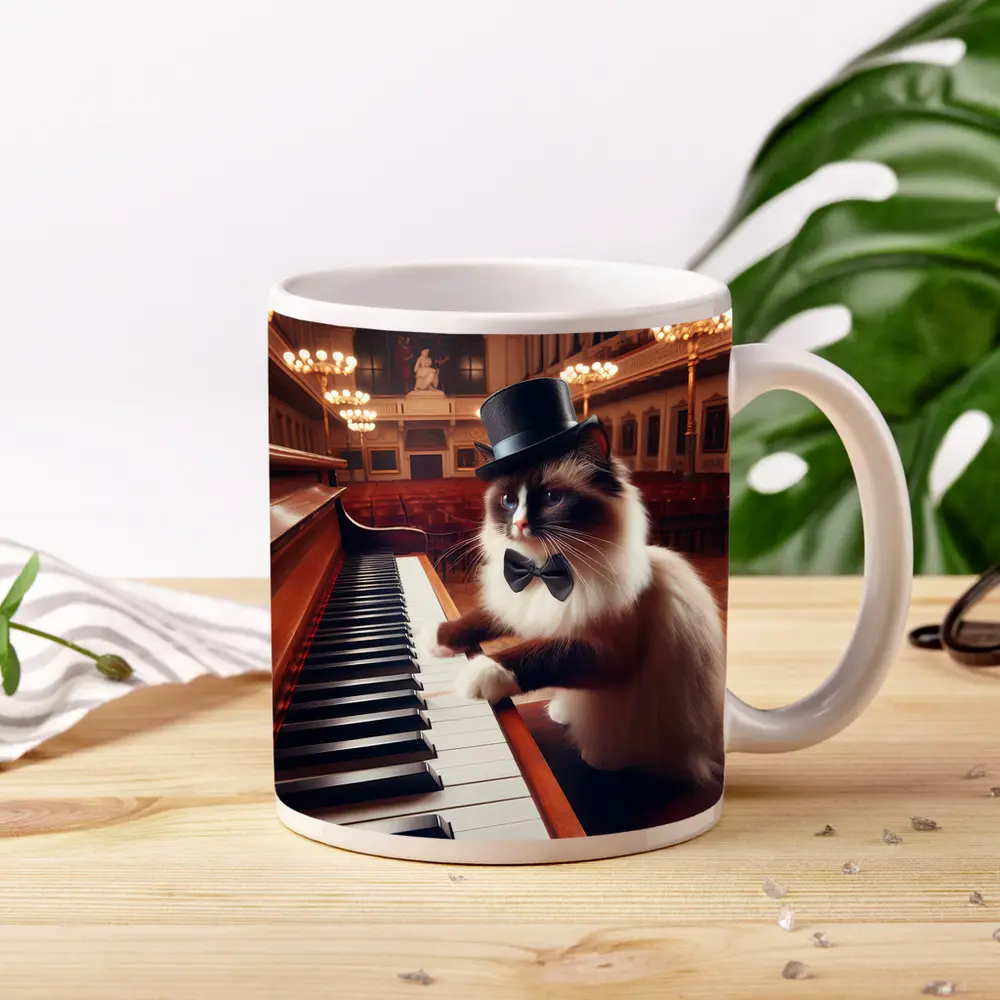 Ragdoll Cat Playing Piano Concert Hall – Mugs