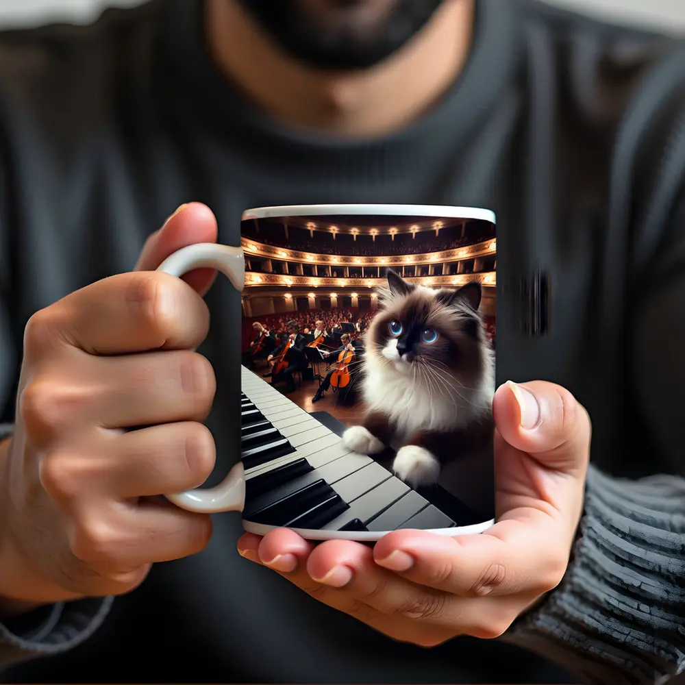 Ragdoll Cat Playing Piano Concert Hall – Mugs