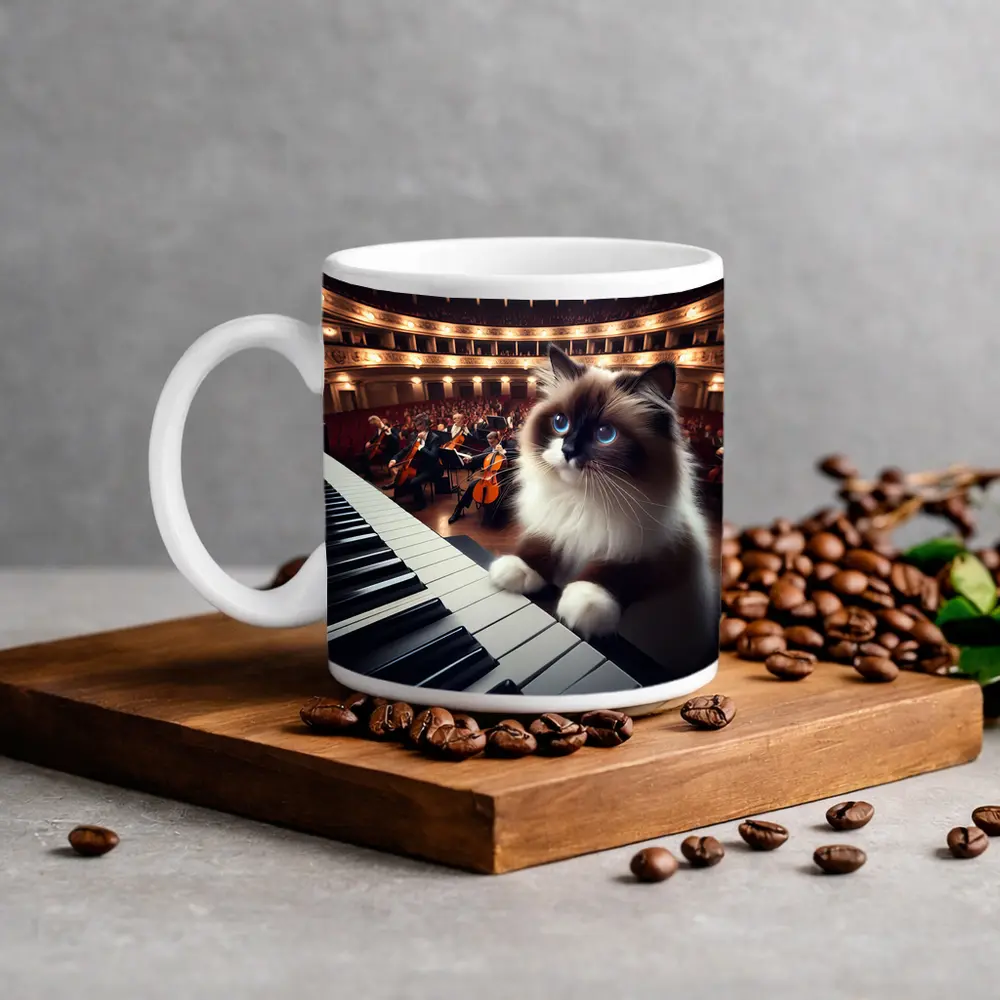 Ragdoll Cat Playing Piano Concert Hall – Mugs