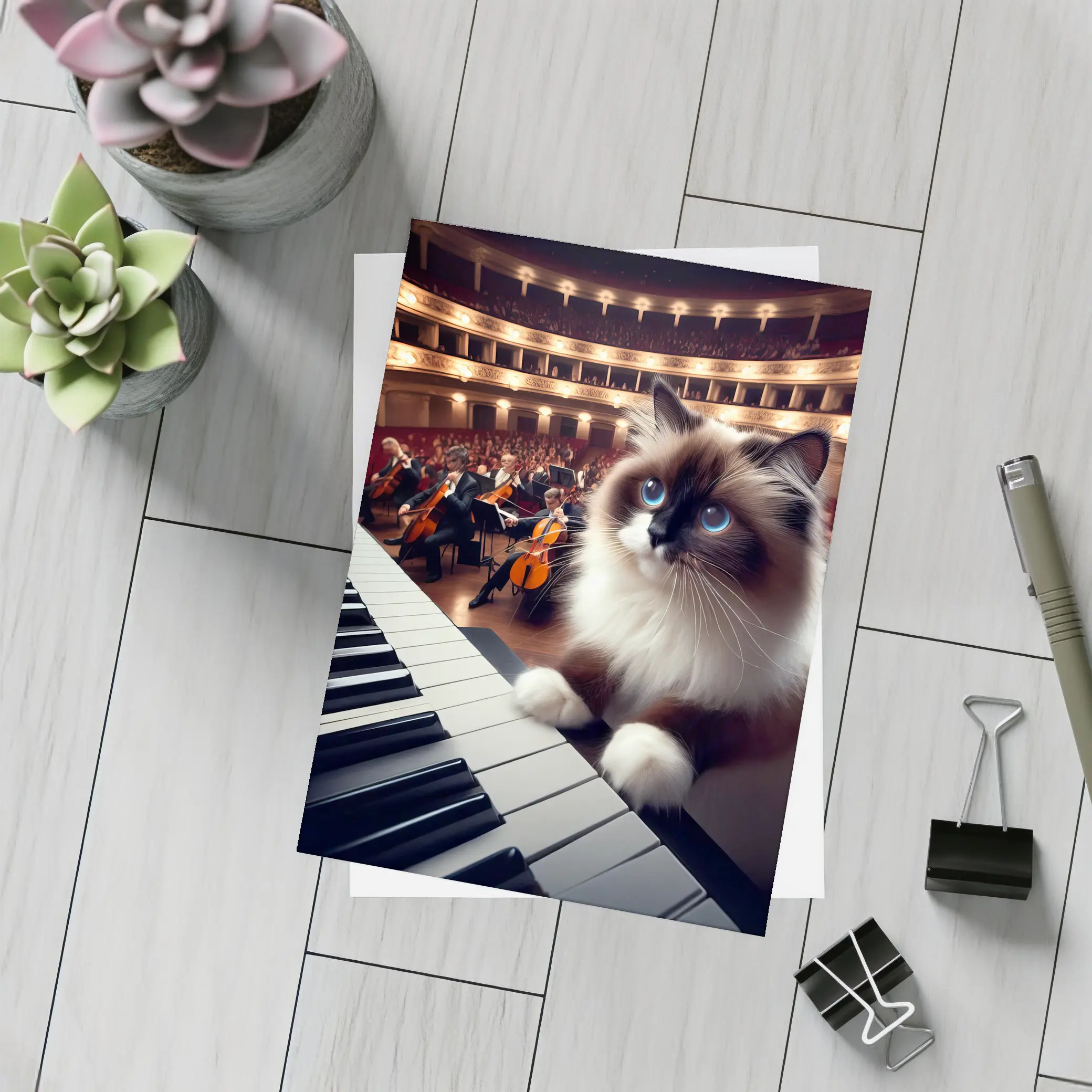 Ragdoll Cat Playing Piano Concert Hall – Postcards