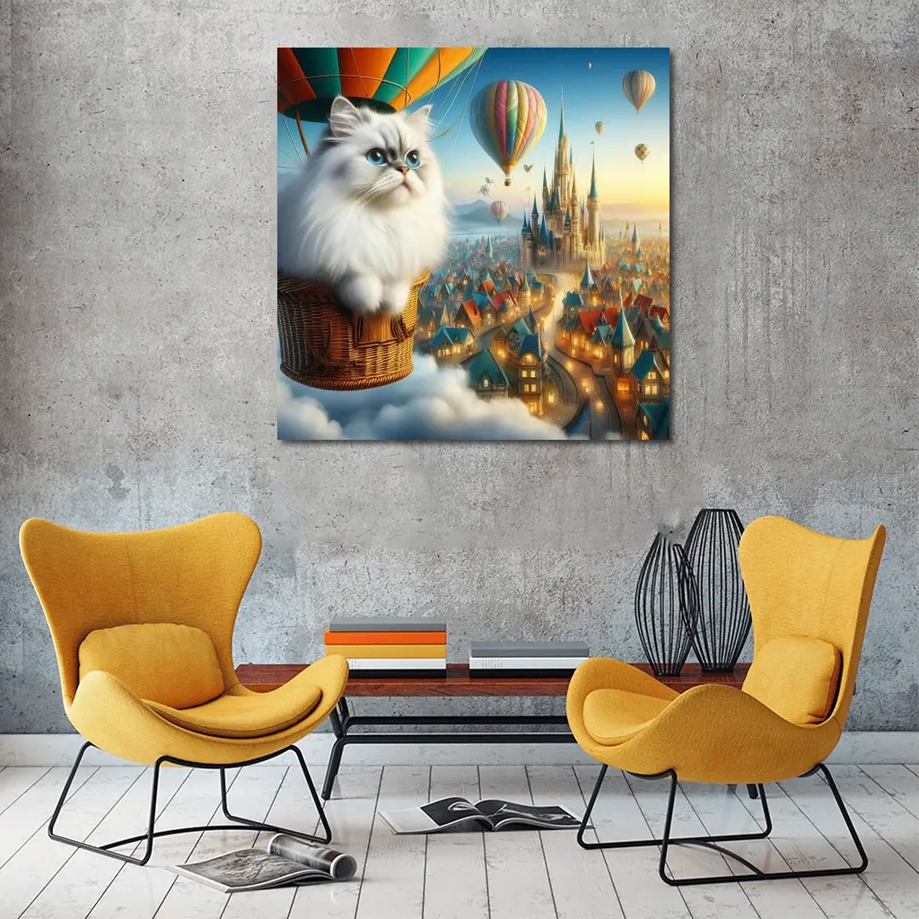 Persian Cat Hot Air Balloon Fantasy City – Wall Art