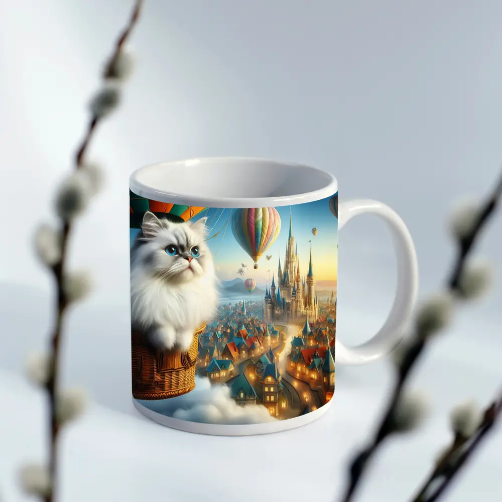 Persian Cat Hot Air Balloon Fantasy City – Mugs